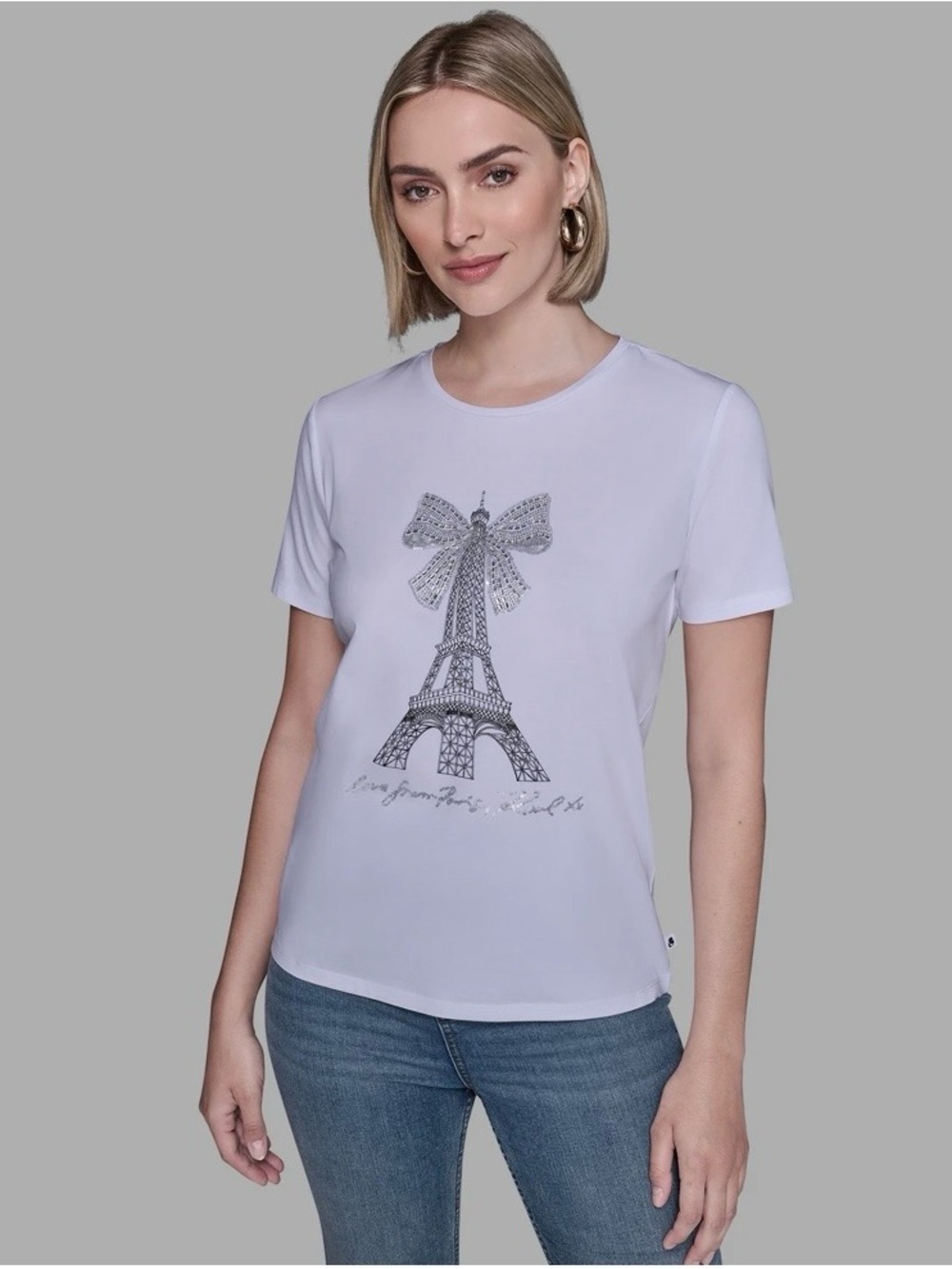 Karl Lagerfeld Large Women’s White Eiffel Tower Graphic Tee Embellished Bow